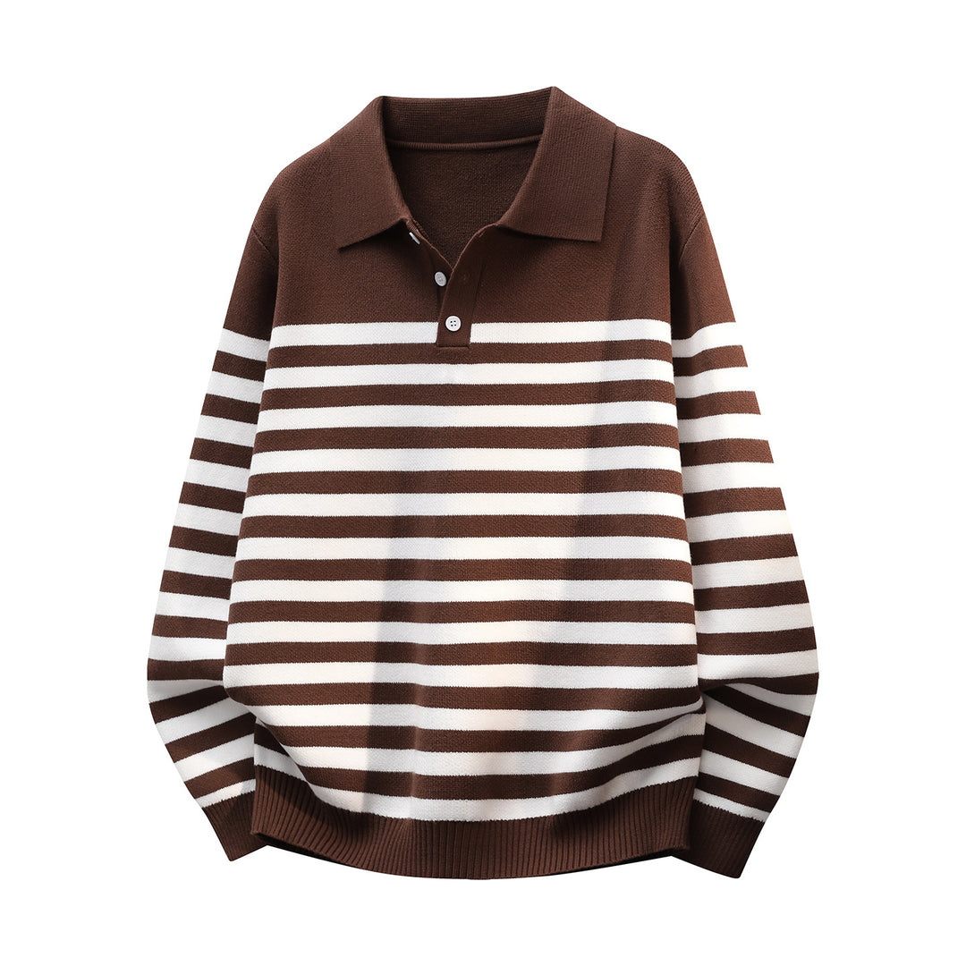 Herren Gestreifter Oversize Polo Strickpullover mit Halbknopfblende und gerippten Abschlüssen Drune