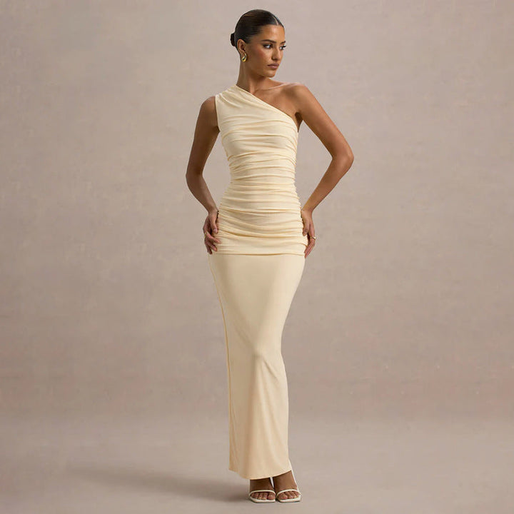 Damen schulterfreies Maxikleid mit Rüschendetails und figurbetonter Silhouette Drune