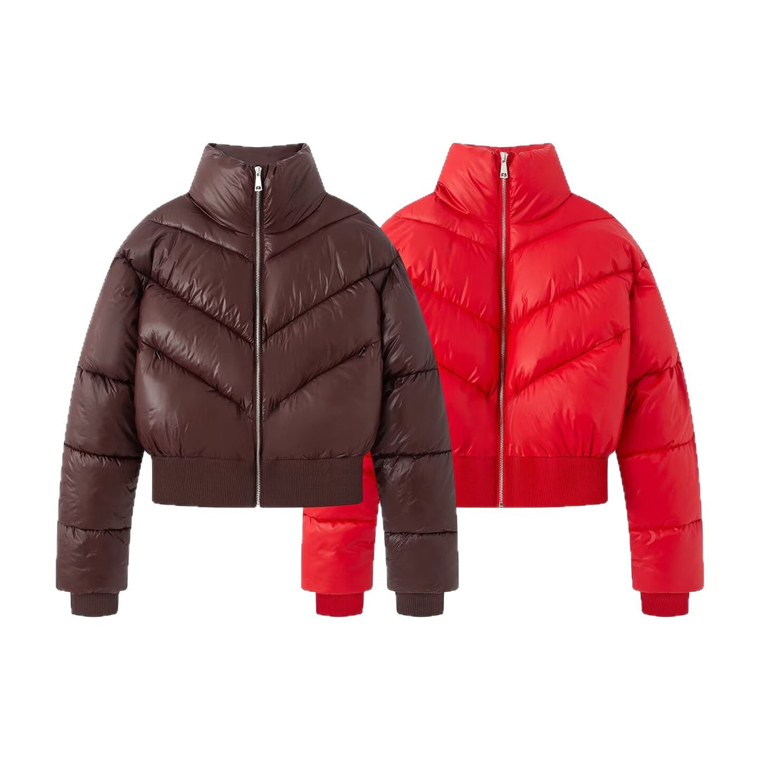 Damen Cropped Pufferjacke mit hohem Stehkragen und breitem Rippenbund Drune