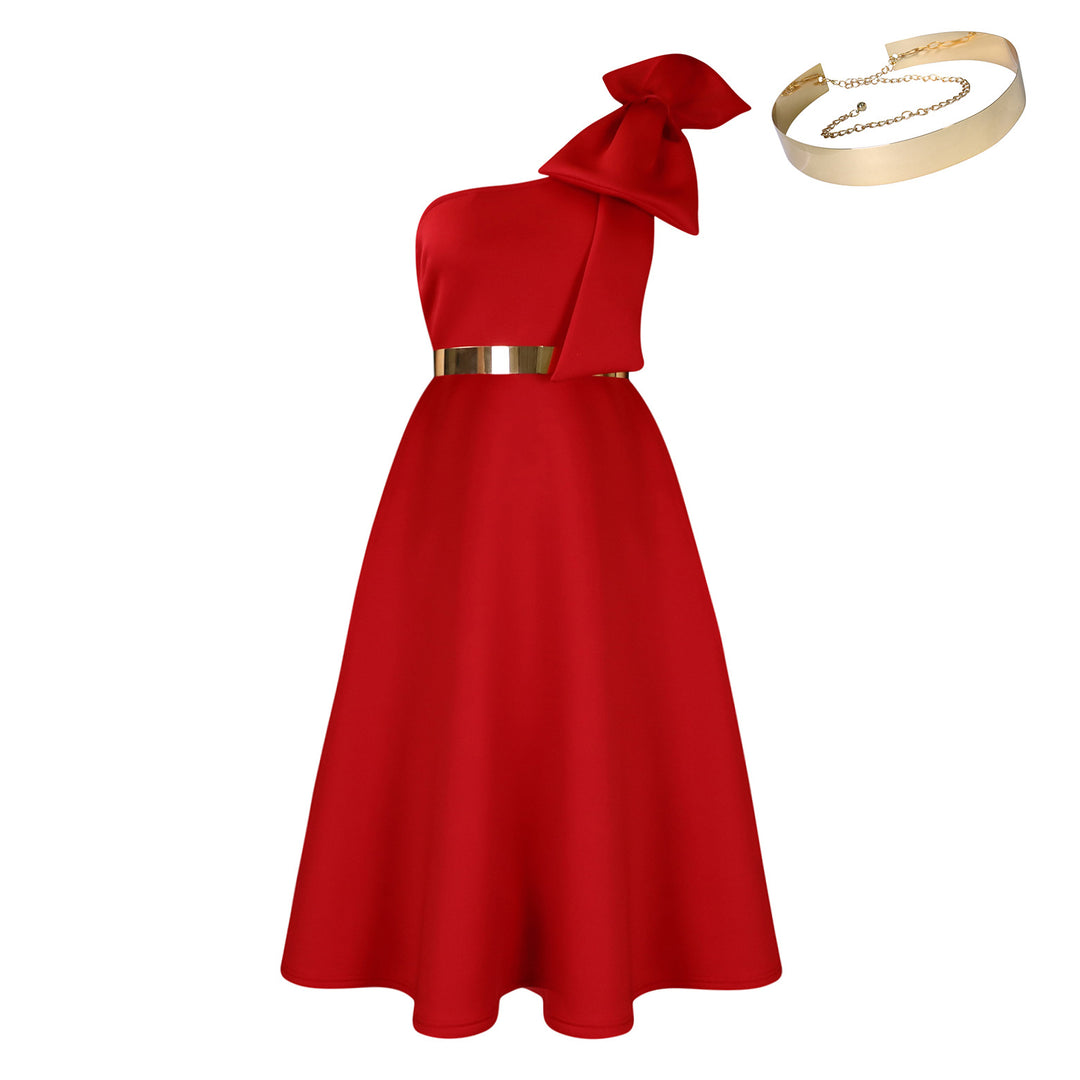 Damen schulterfreies Kleid mit stilvollem Halstuch und goldener Akzent Drune