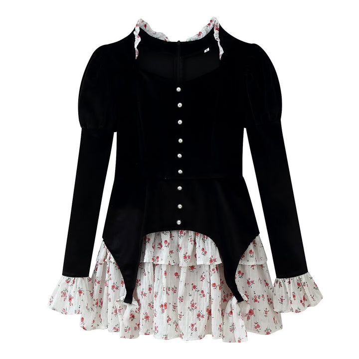 Damen Samt-Cropped-Jacke mit spitzem Schößchen, Perlenknopfleiste und Rüschenärmeln Drune
