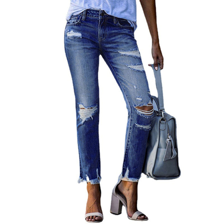 Damen Ripped High-Waist Jeans mit fransigem Saum und modischen Destroyed-Details Drune