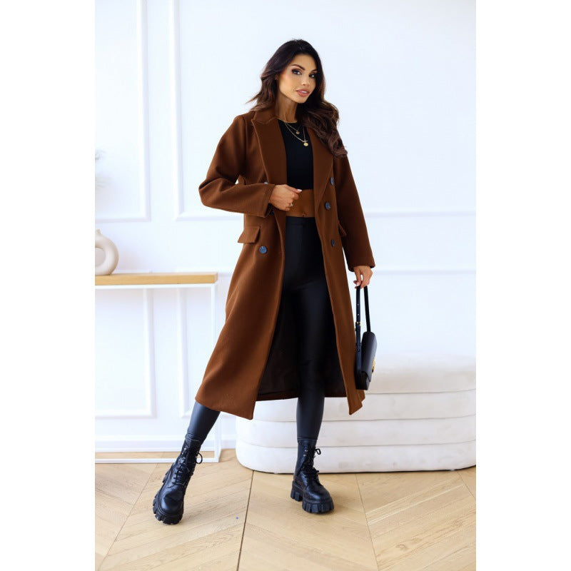 Damen Eleganter Wollmantel mit doppelter Knopfleiste und tiefem Schlitz Drune