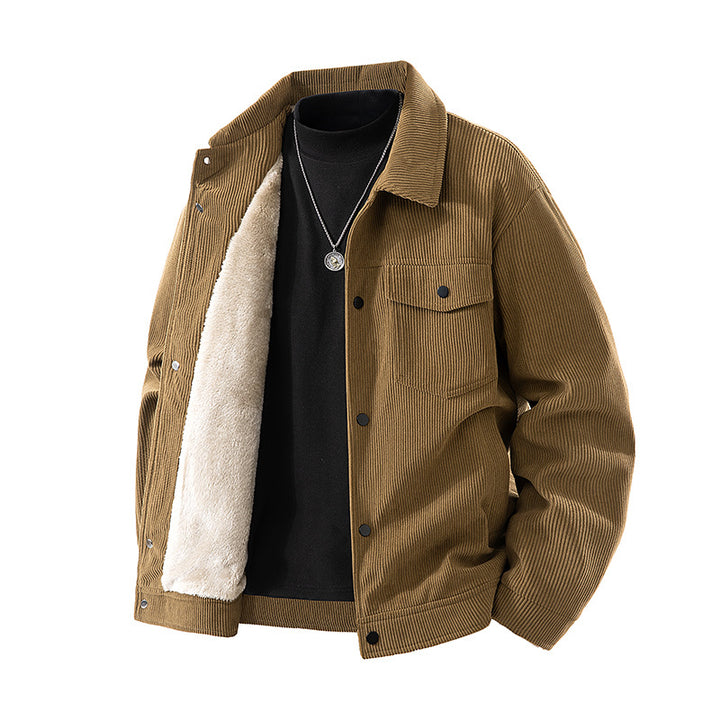 Männliche -Cord-Jacke mit Kunstschafsleder-Futter und Druckknopfverschluss Drune