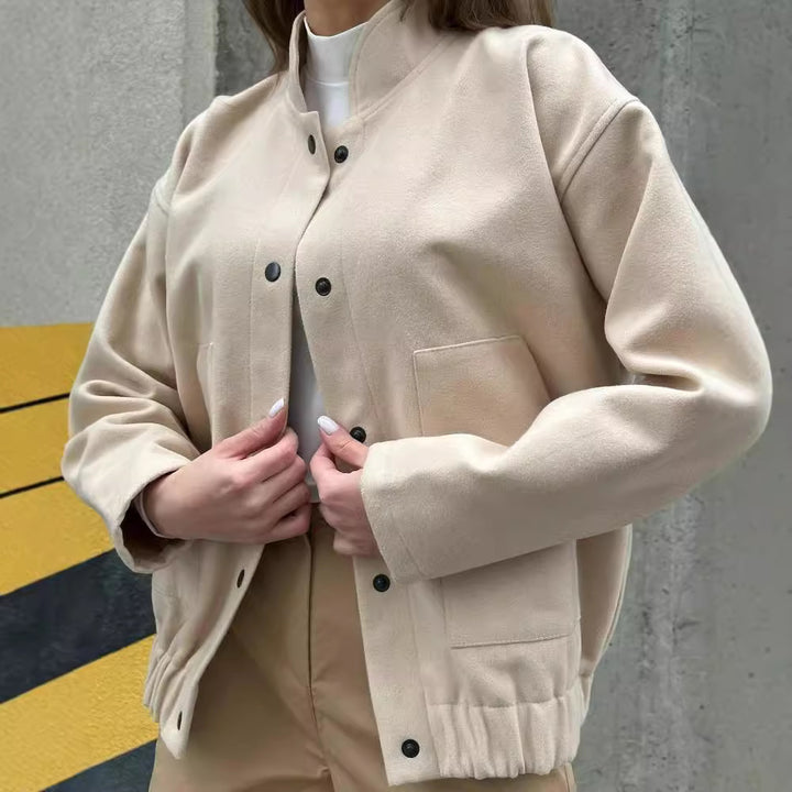 Damen Kurz geschnittene Bomberjacke aus Wollmix mit Druckknopfverschluss und elastischem Saum Drune