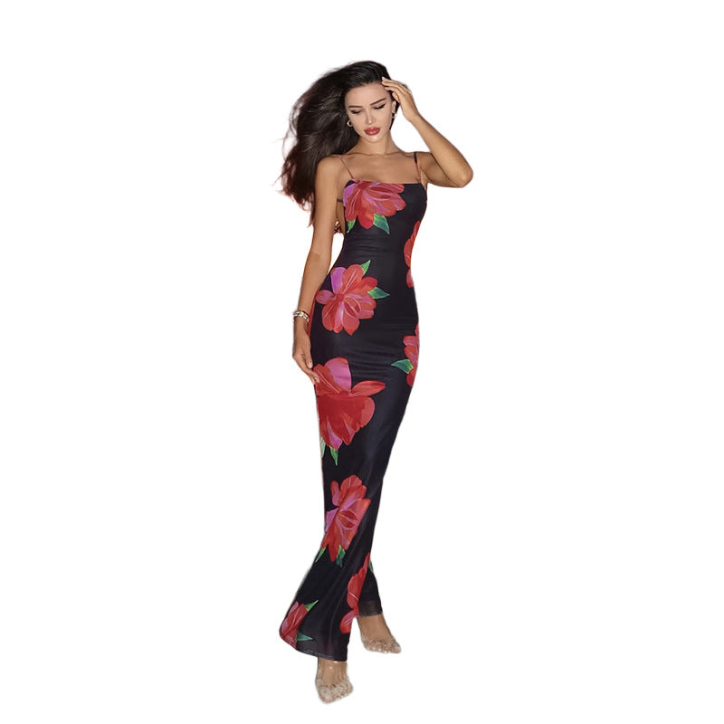 Damen figurbetontes Maxikleid mit floralen Akzenten und schmalen Spaghetti-Trägern Drune