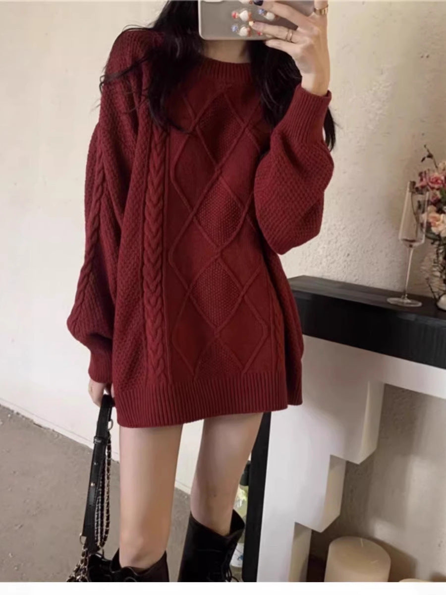 Damen Oversize Zopfmuster-Longpullover mit Rundhals und Ballonärmeln Drune