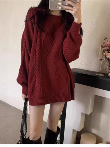 Damen Oversize Zopfmuster-Longpullover mit Rundhals und Ballonärmeln Drune