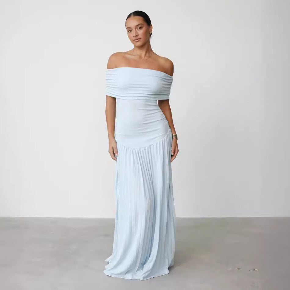 Damen Elegantes Off-Shoulder Maxikleid mit Falten-Details und figurumspielendem Schnitt Drune