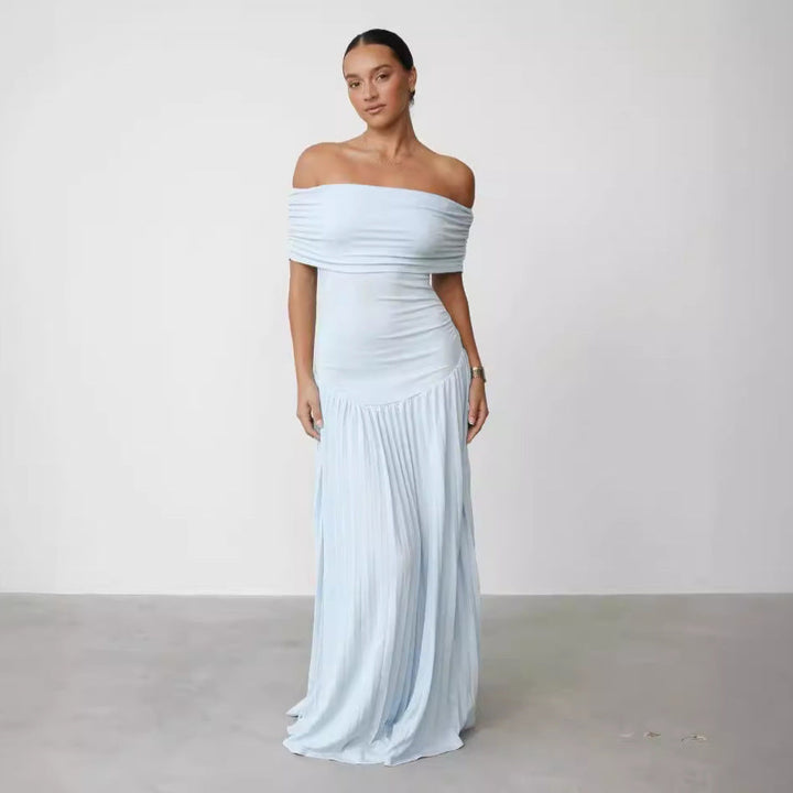 Damen Elegantes Off-Shoulder Maxikleid mit Falten-Details und figurumspielendem Schnitt Drune