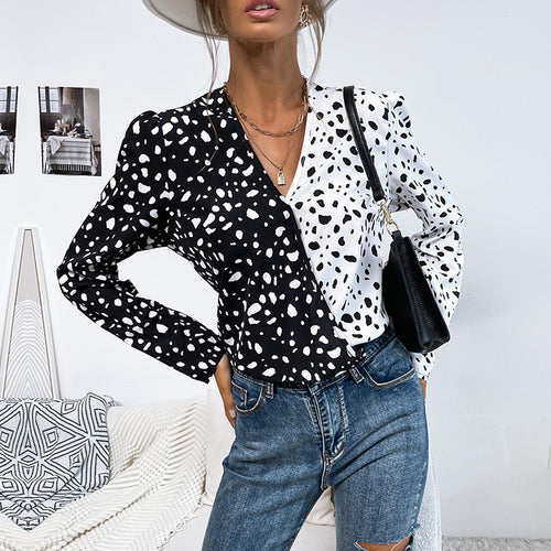 Damen Leichte Langarm-Bluse mit diagonaler Zweifarben-Optik und Tupfenmuster Drune
