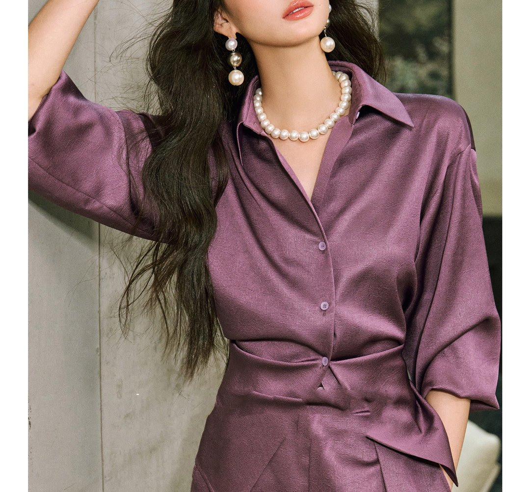 Damen Elegante Bluse mit schimmerndem Finish und Taillengürtel Drune