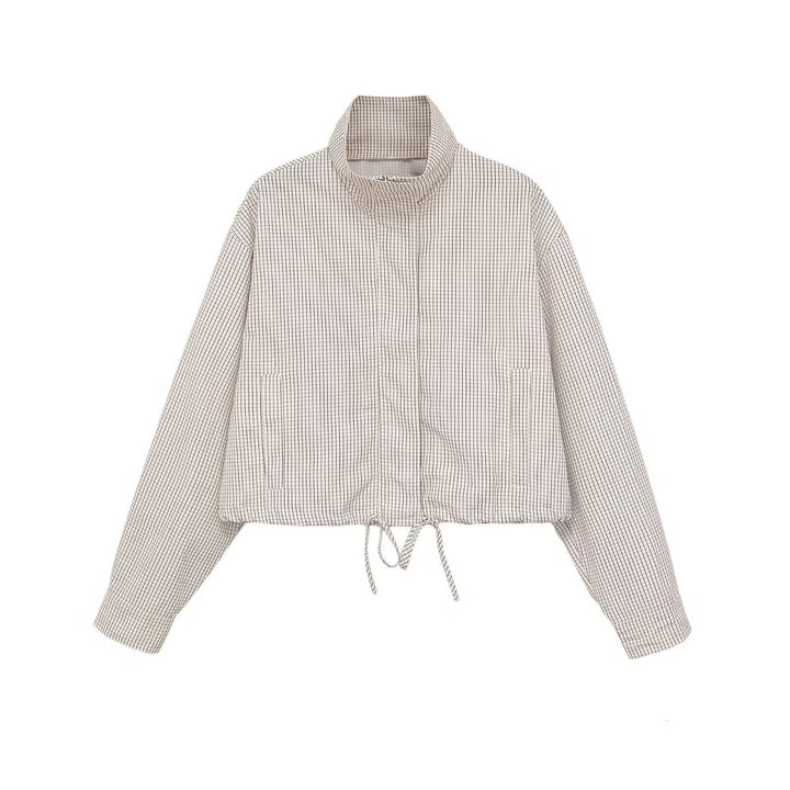 Damen Karierte Cropped-Jacke mit Stehkragen, Tunnelzug und verdecktem Reißverschluss Drune