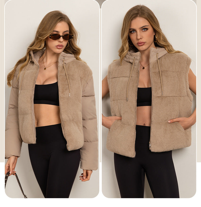 Damen Leichte wattierte Hybrid-Weste mit Teddyfront, abnehmbaren Ärmeln und Kordelkapuze Drune