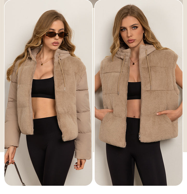Damen Leichte wattierte Hybrid-Weste mit Teddyfront, abnehmbaren Ärmeln und Kordelkapuze Drune