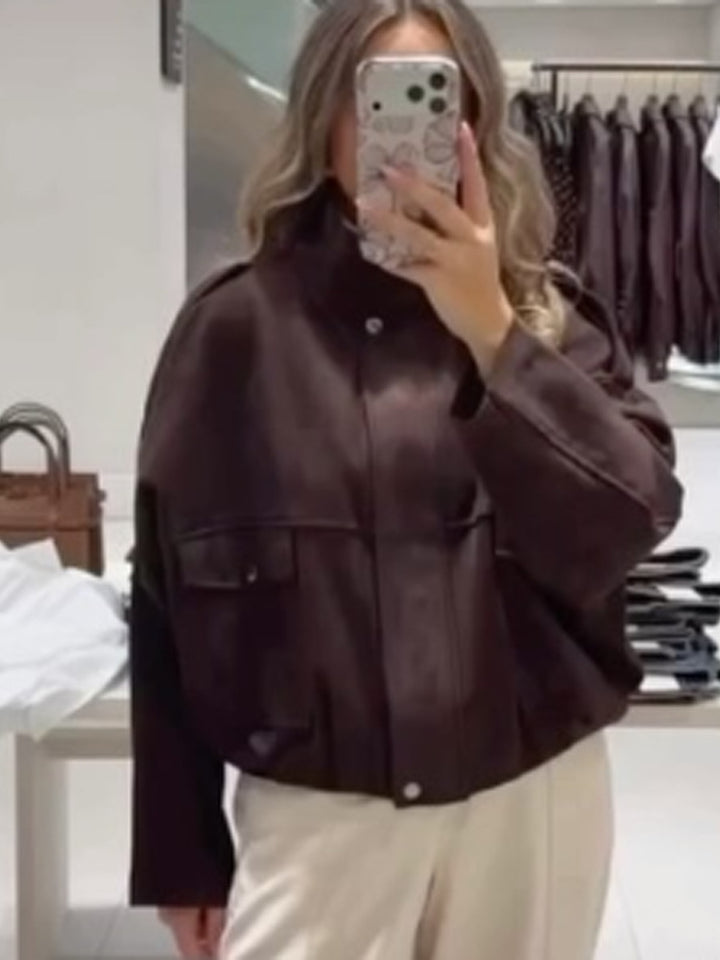 Damen Oversize Cropped Kunstlederjacke mit Stehkragen und Pattentaschen Drune