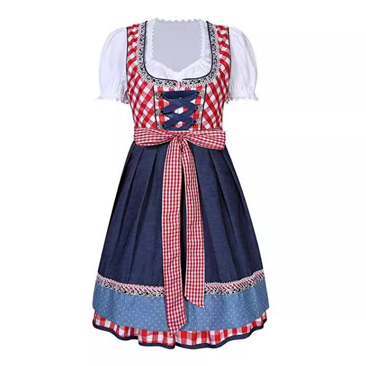 Damen  kurzes traditionelles Trachten Dirndl mit Herzausschnitt Schnürkorsett und karierter Schürze Drune