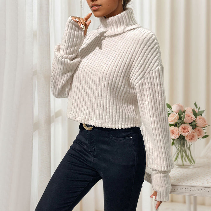 Damen geripptes Cropped‑Rollkragenpullover mit überschnittenen Schultern und voluminösen Ärmeln Drune