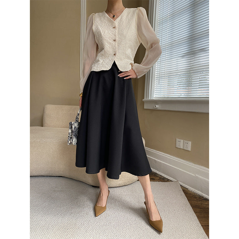 Damen schicke aufregende Bluse mit Puffärmeln und dekorativen Knopfdetails Drune