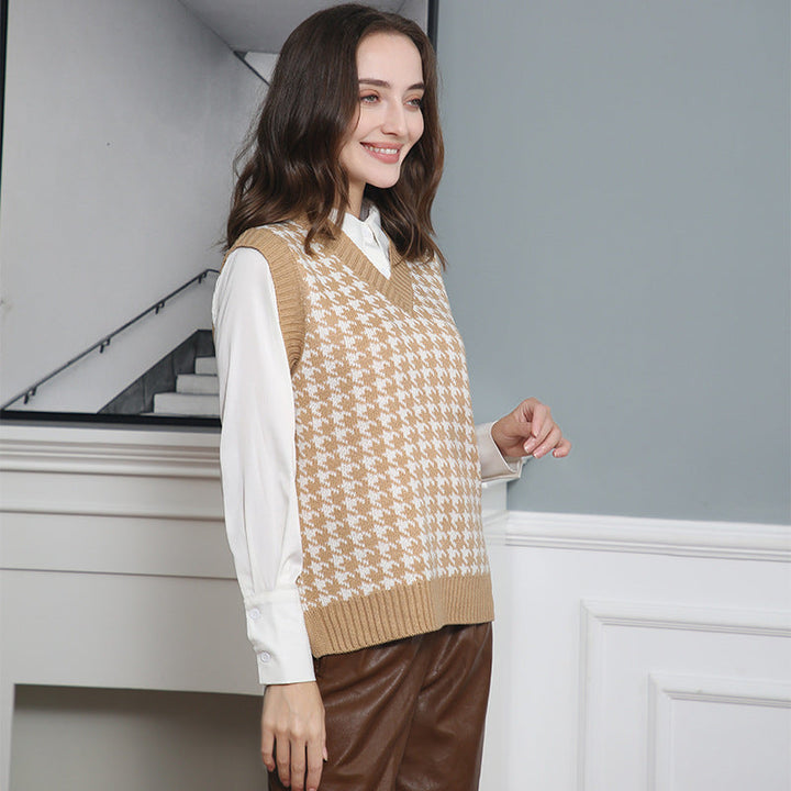 Damen ärmellose Strickweste mit modernem Hahnentrittmuster Drune