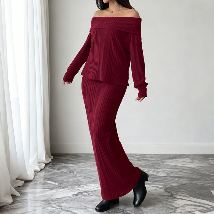 Damen Schulterfreies Rippstrick-Set mit Off-Shoulder-Oberteil und figurbetontem Maxirock Drune