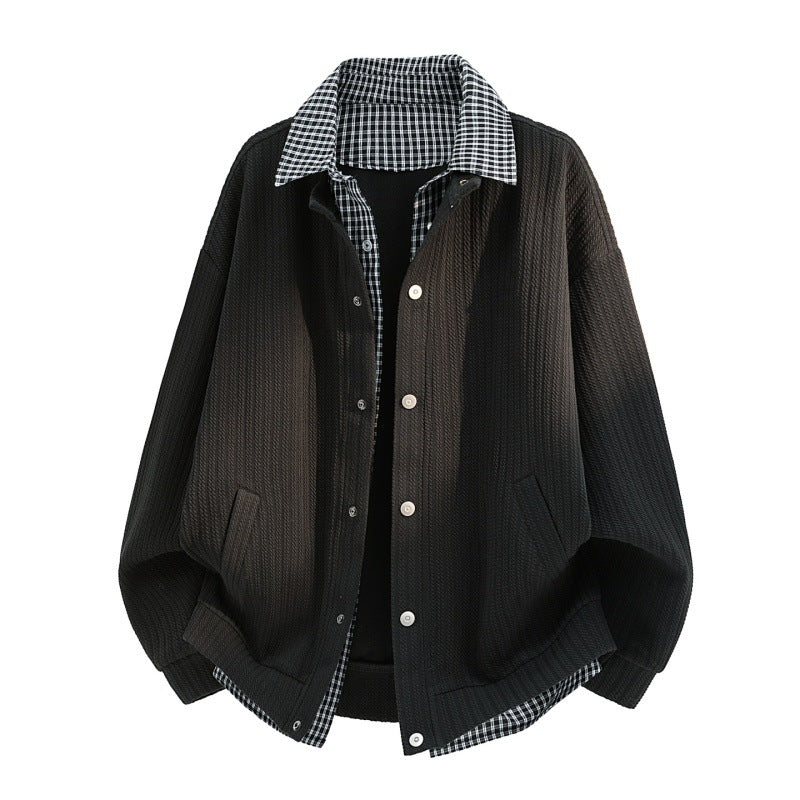 Herren lässige Strick-Überhemdjacke mit kariertem Hemdkragen und Druckknopfblende Drune