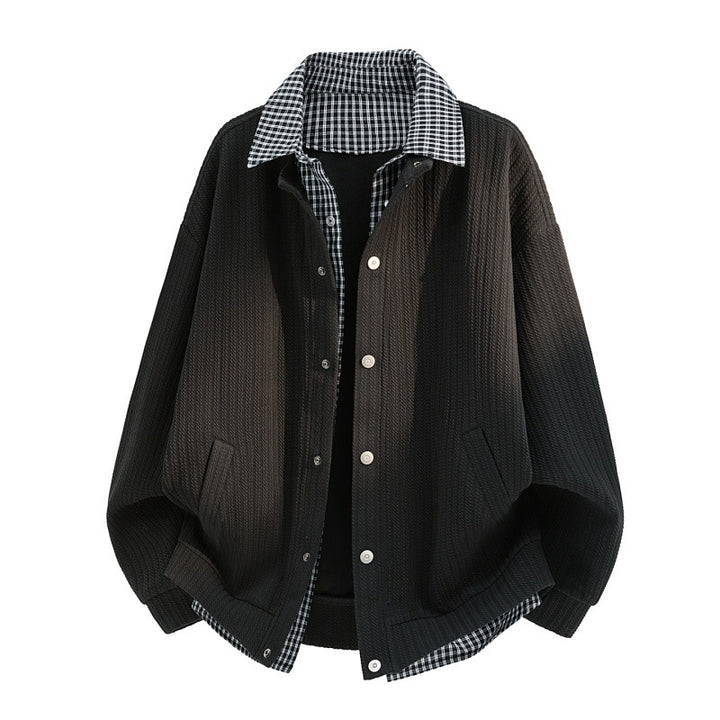 Herren lässige Strick-Überhemdjacke mit kariertem Hemdkragen und Druckknopfblende Drune