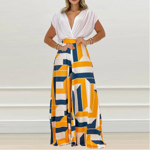 Damen Eleganter Jumpsuit mit tiefem V-Ausschnitt und weit geschnittenen Beinen Drune