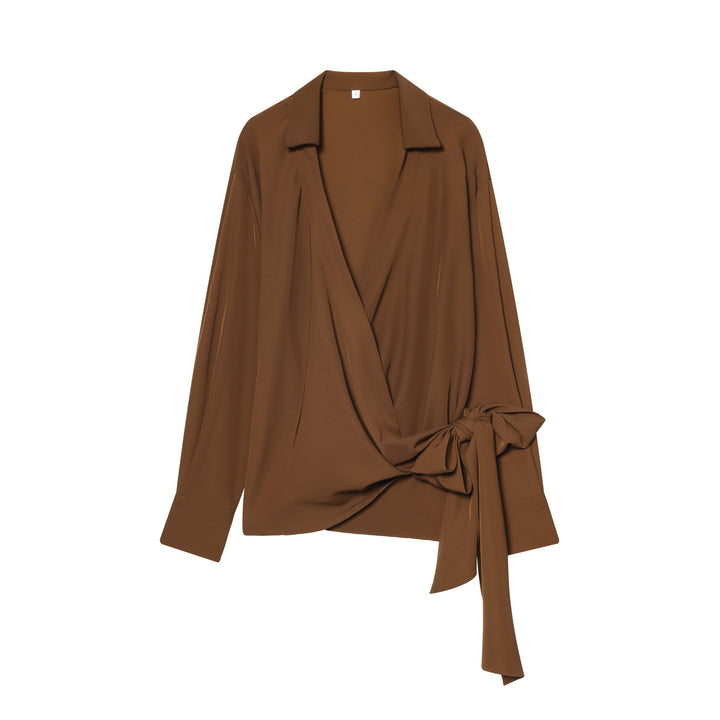 Damen nan fließende Wickelbluse mit weitem Reverskragen, überschnittener Schulter und dekorativem Seitenschleifen-Tie Drune