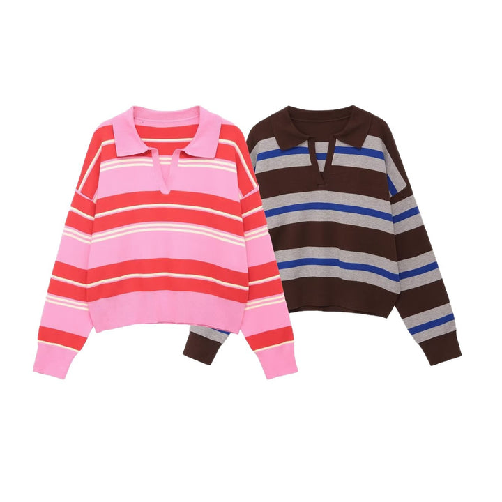 Damen Gestreifter Polokragen-Pullover im Cropped‑Oversize‑Schnitt aus Feinstrick Drune