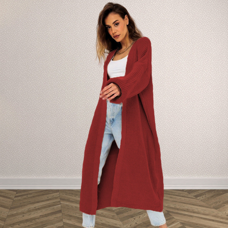 Damen Langer Strickcardigan mit offenem Design und weiten Ärmeln Drune