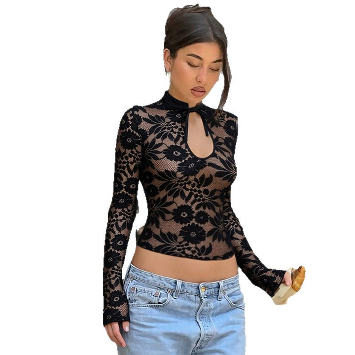 Damen Elegantes Spitzenoberteil mit hochgeschlossenem Design und floralem Muster Drune