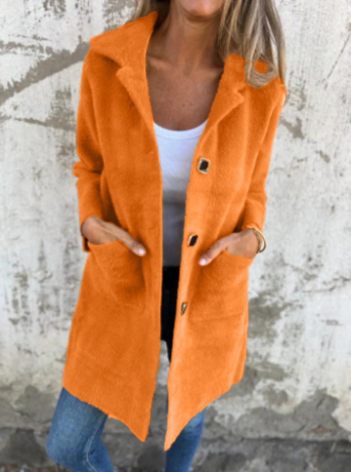 Damen Teddy-Mantel mit Oversize-Kragen, dekorativen Knöpfen und Eingrifftaschen Drune