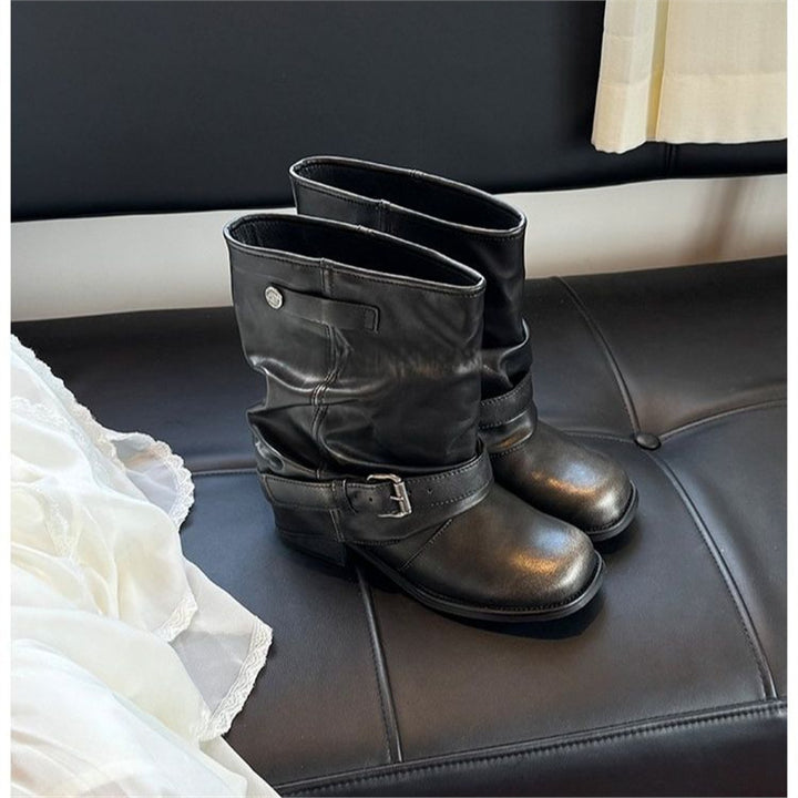 Damen Slouchy Bikerstiefel aus Lederoptik mit verstellbarem Schnallenriemen und mittlerem Blockabsatz Drune
