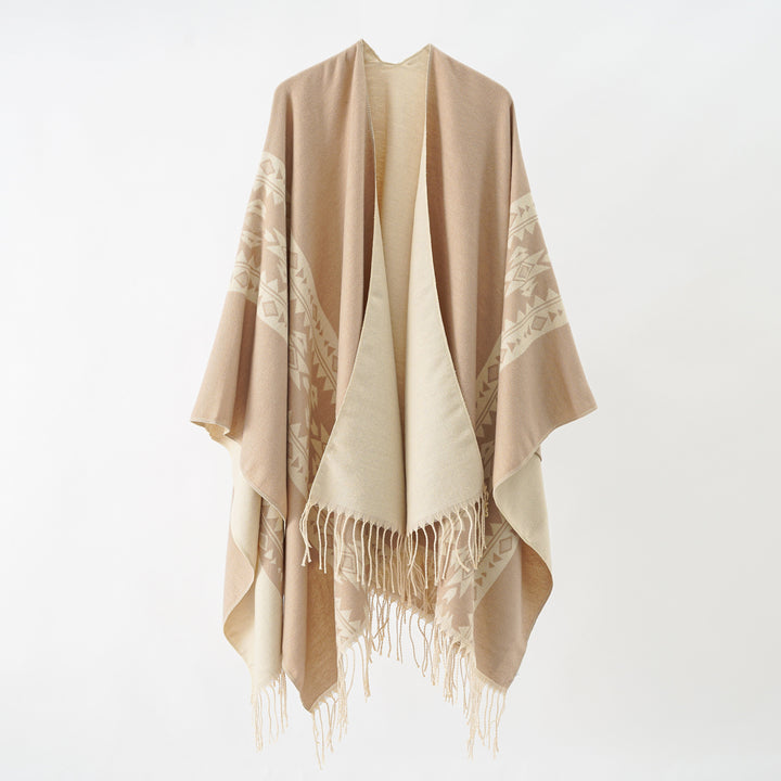 Damen Kaschmir‑Optik Überwurfponcho mit geometrischer Bordüren‑Jacquard und Fransen Drune