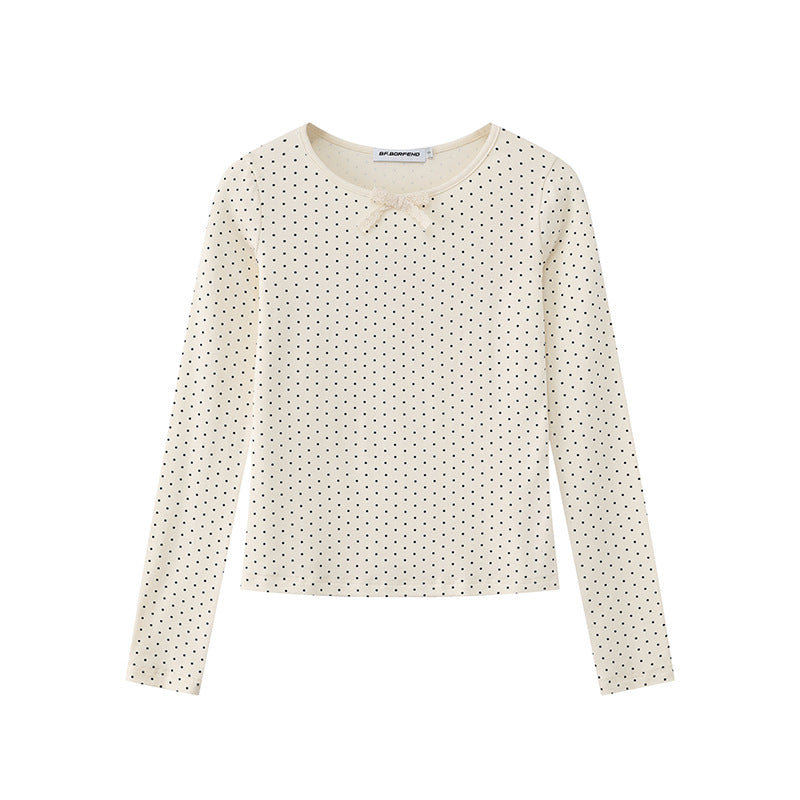 Damen Langarmshirt aus weichem Baumwolljersey mit Pünktchenmuster und Zierknoten Drune