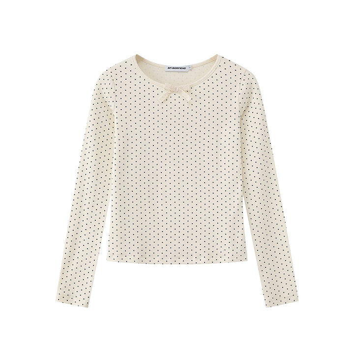Damen Langarmshirt aus weichem Baumwolljersey mit Pünktchenmuster und Zierknoten Drune