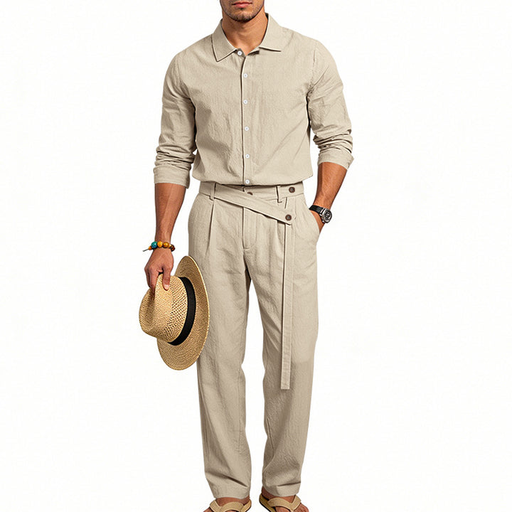 Herren nan eleganter Leinen-Zweiteiler mit Hemd und Hose mit hohem Bund und Bindegürtel Drune