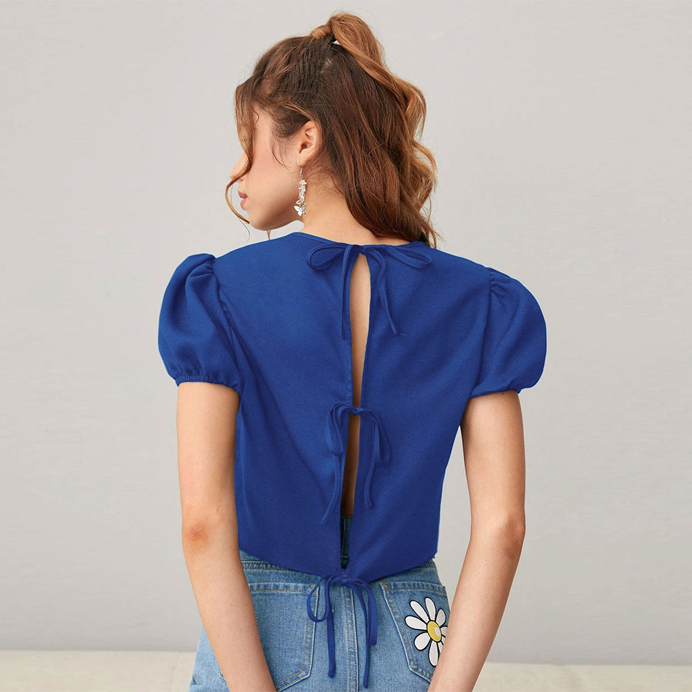 Damen Cropped Top mit Puffärmeln und sanftem Rundhalsausschnitt Drune