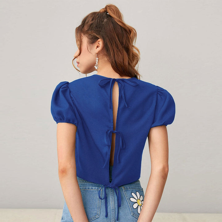 Damen Cropped Top mit Puffärmeln und sanftem Rundhalsausschnitt Drune