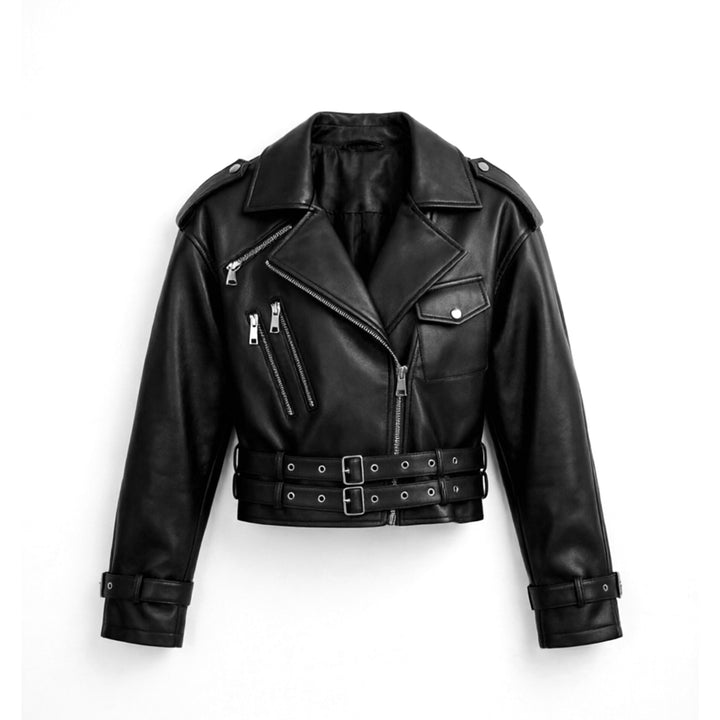 Damen Modische Bikerjacke mit Taillengürtel Drune
