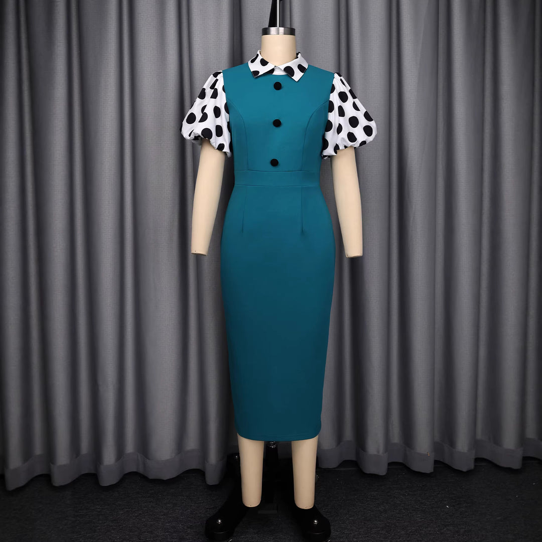 Damen figurbetontes Kleid mit Puffärmeln und Vintage-Kragen Drune