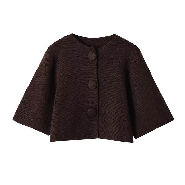 Damen Kurzcape-Strickjacke mit überschnittenen Ärmeln und bezogenen Zierknöpfen Drune