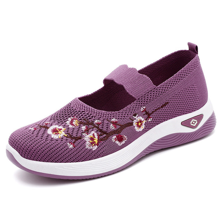 Damen nan bestickter Komfort-Ballerina mit elastischem Mary-Jane-Riemen, atmungsaktivem Strickoberteil und stoßdämpfender EVA-Keilsohle Drune