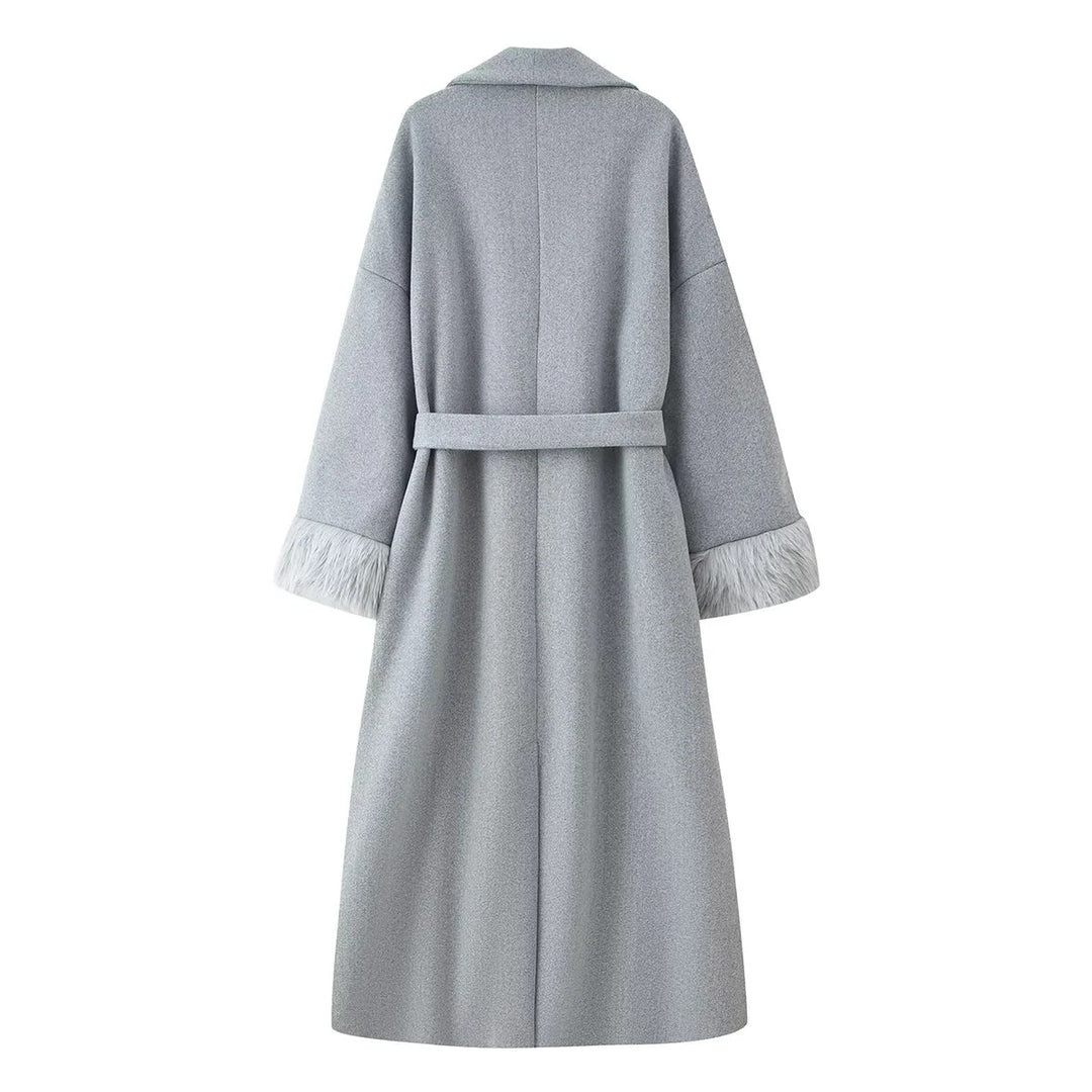Damen nan oversize Mantelrobe mit weitem Schalkragen, Taillenband und Fauxfur-Manschetten Drune