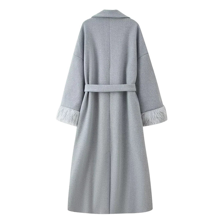 Damen nan oversize Mantelrobe mit weitem Schalkragen, Taillenband und Fauxfur-Manschetten Drune