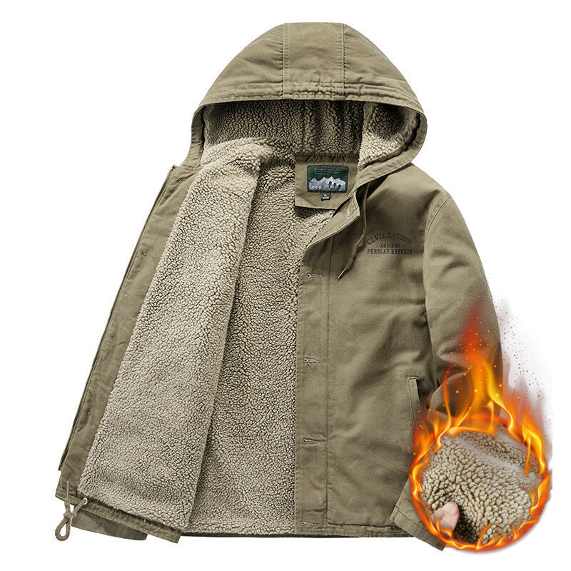 Herren Outdoor-Canvasjacke mit Voll-Sherpa-Innenfutter, Kapuze und Thermo-Isolierung Drune