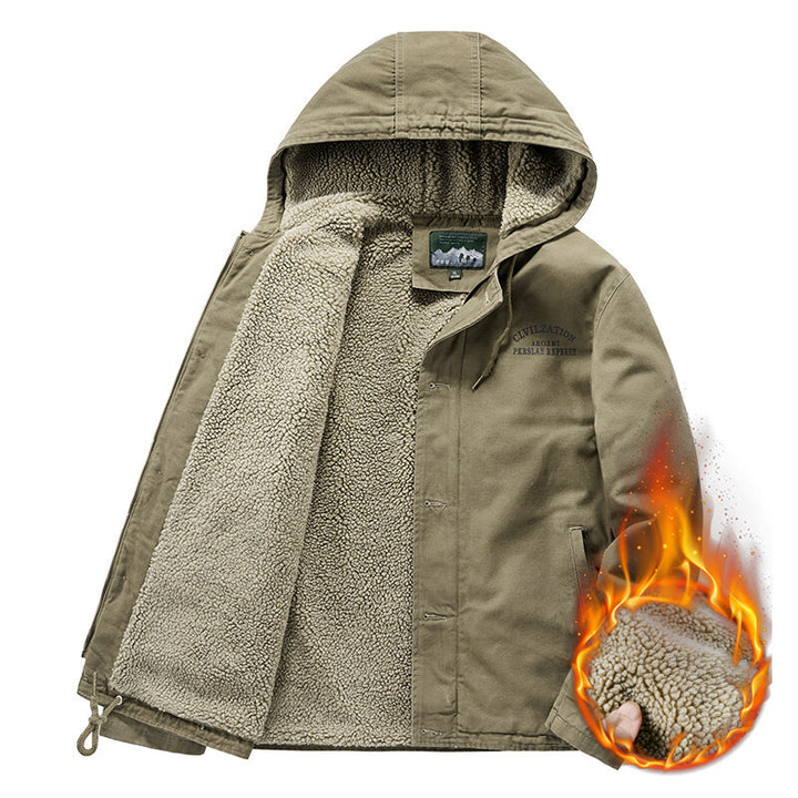 Herren Outdoor-Canvasjacke mit Voll-Sherpa-Innenfutter, Kapuze und Thermo-Isolierung Drune