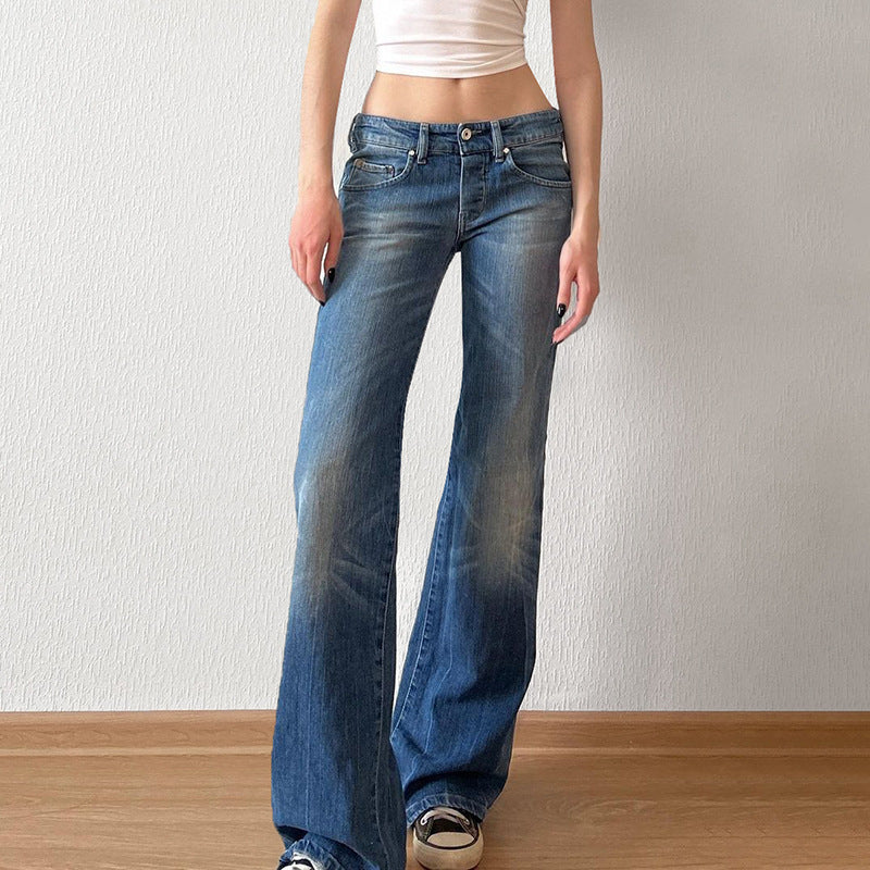 Damen hochtaillierte Schlagjeans mit dezenter Used-Waschung und ausgestelltem Bein Drune
