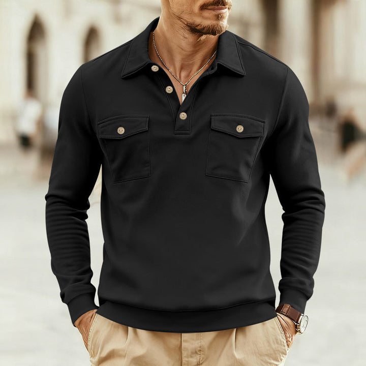 Herren nan figurbetontes Langarm-Poloshirt mit Hemdkragen und aufgesetzten Brustklappen Drune
